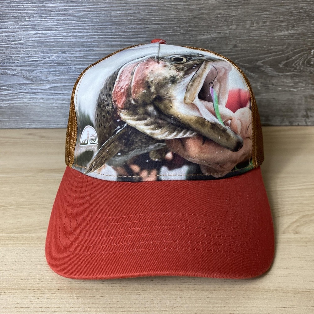 Fish Obsession Hat Cap Snap Back Red Brown Mesh Trucker Fishing Graphic Mens